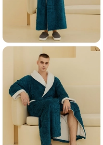 Detailed view of men's deep peacock blue flannel bathrobe with thick white fleece lining