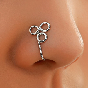 Macro shot of silver U-shaped non-pierced nose clip with triple loop geometric metal design