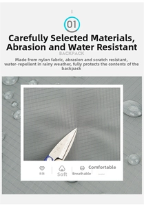 Detailed view of water-resistant and scratch-proof gray grid nylon fabric on hiking backpack