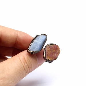 Vintage bronze open ring featuring irregular blue and pink natural raw crystals