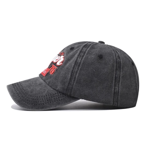 Vintage dark gray washed cotton baseball cap with red and white Jeep embroidery