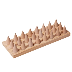 Solid wood ring display stand with 24 conical holders and natural wood grain finish