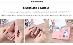 Pink wallet interior showing multiple card slots, photo window and organized cash compartments