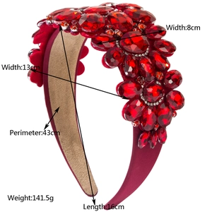 Baroque wide headband with red crystals on velvet, elegant sparkling party accessory