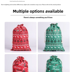 Detailed view of red and green burlap Christmas drawstring bags with festive patterns