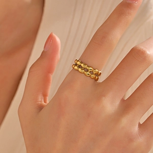 Chic 18K gold plated stainless steel double row bead chain ring worn by a model