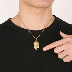 18K gold plated stainless steel Jesus pendant necklace with a twisted rope chain on model