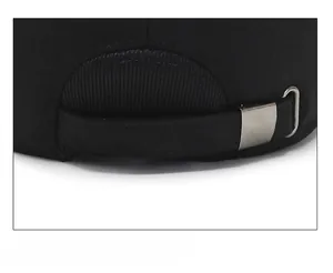 Close-up of the adjustable metal buckle on a black winter baseball cap for men