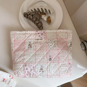 Quilted floral cotton makeup bag with cute rabbit pattern and simple wish label
