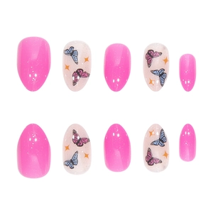 Pink glitter press-on nails with butterfly and star prints in rounded oval shape