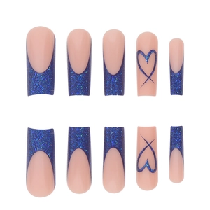 Blue glitter French tip press-on nails with heart stripes in long coffin shape