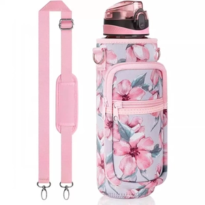 Pink floral SBR neoprene water bottle sleeve with adjustable shoulder strap and bottle