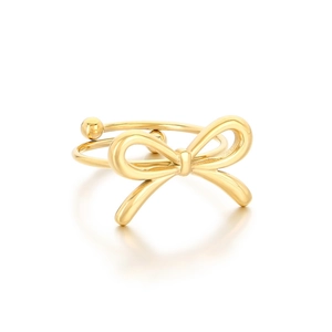 Polished golden stainless steel open ring featuring a minimalist bow-knot design