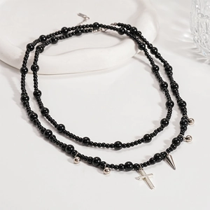 Gothic double-layered black beaded necklace with silver cross and spike pendants