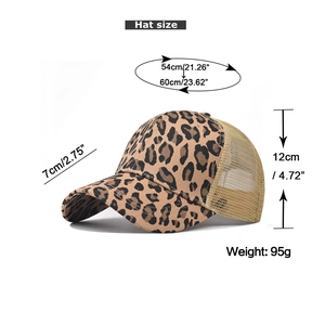 Tableau des dimensions détaillé pour casquette léopard en maille avec taille et poids