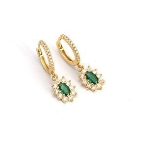 Elegant gold flower hoop earrings with green emerald zircon and sparkling white accents