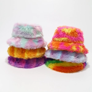 Faux Fur Bucket Hat For Women Warm Winter Plush Rainbow Tie-Dye Stripe Fisherman Cap Trendy Fluffy Adjustable Basin Hat
