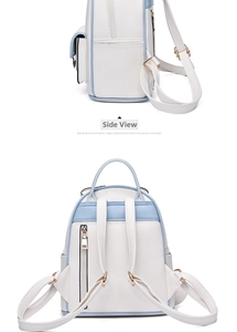 Detail showing the side and back view of the white and blue leather backpack for women