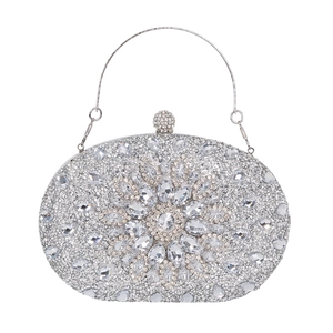 Silver sunflower evening clutch bag with sparkling crystals and a metal top handle