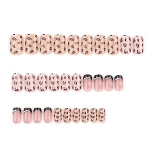 30-piece leopard print press-on nails with black French tips and pearl accents