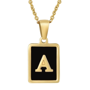 Gold stainless steel square pendant necklace featuring letter A on black background