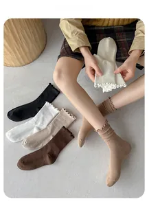 Detail of knitted ribbed texture and lettuce edge trim on these stylish women crew socks