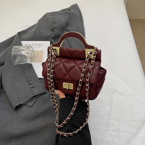 Burgundy quilted crossbody bag with gold handle and chain strap on a neutral background