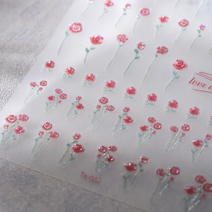 Autocollants à ongles semi-transparents style japonais avec roses rouges et paillettes