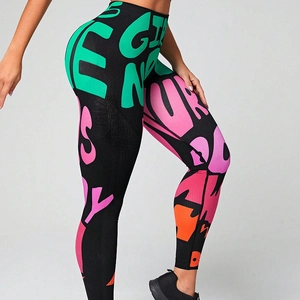 Graffiti print high waist yoga leggings with tummy control and butt lifting design