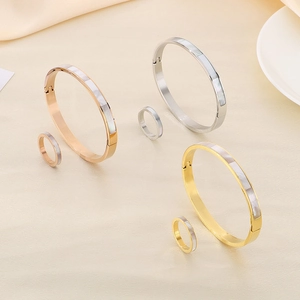 Shell inlay stainless steel ring and bangle jewelry set in gold, silver and rose gold