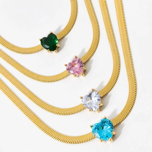 Flat snake chain necklace with heart zircon pendants in green pink white and blue