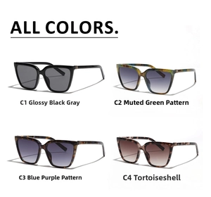 Detailed grid of oversized square sunglasses in black, floral blue, green, and tortoiseshell