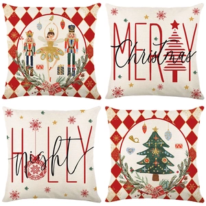 Christmas Pillow Covers Linen Cotton Blend Letter Print Square Decorative Cushion Cases Home Sofa Living Room Festive Decor