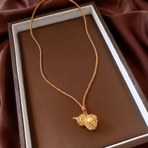 Hollow Gourd Pendant Necklace 24K Gold Plated Copper Wu Lou Filigree Long Sweater Chain Vintage Chinese Style Women