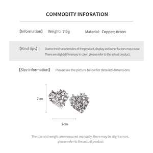 Detailed chart showing heart zircon earring specs: 7.9g weight and 2cm by 2cm size