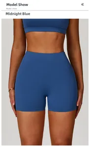 Detail view of high waist seamless yoga shorts in midnight blue with soft brushed fabric