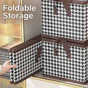 Houndstooth Clothes Storage Box Organizer Foldable Fabric Wardrobe Closet Bin With Handles And PP Board Support