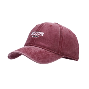 Vintage washed cotton baseball cap in dark red with Boston 1630 embroidery 45-degree view