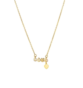 Detail of gold LOVE pendant with sparkling rhinestones and a delicate heart charm