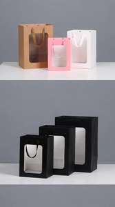 Detailed comparison of gift bags in four colors and three sizes with clear window