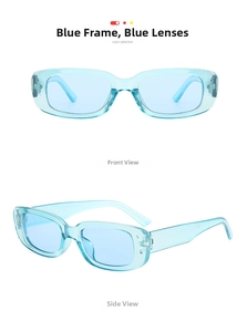 Detail of light blue rectangle sunglasses showing the clear frame and side temple arm