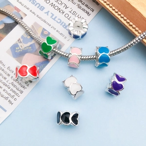Colorful heart enamel alloy beads for DIY bracelet making with metallic silver finish