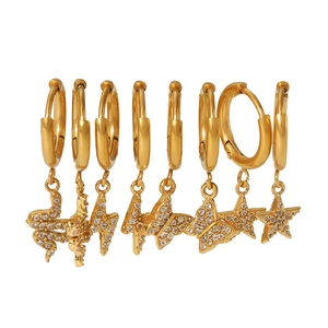 18K gold-plated stainless steel earrings set with snake, star, and butterfly charms