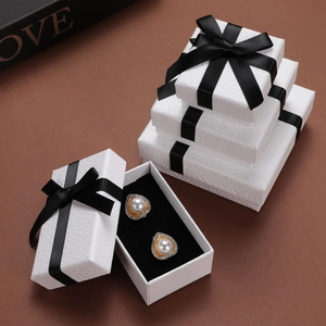 Elegant Jewelry Gift Boxes With Black Ribbon Bow Textured Paper Cardboard For Earrings Necklace Ring Storage Display