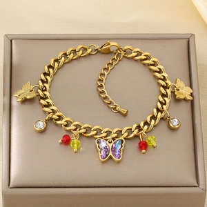 Detail of golden stainless steel NK chain bracelet with purple gradient butterfly pendants