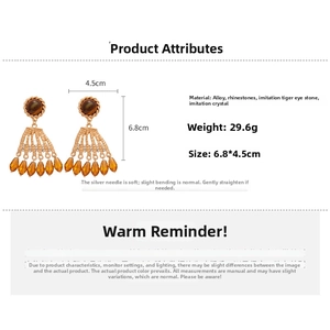 Detailed view of vintage crystal drop earrings with tiger eye stone and diamond accents