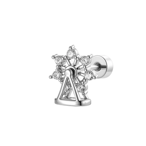 Elegant rotating ferris wheel cartilage stud earring with cubic zirconia in silver finish