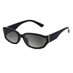 Black square frame sunglasses with grey lenses and gold metal hinge detail