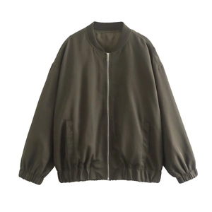 Flat lay of an olive green bomber jacket with metal zipper and ribbed cuffs details