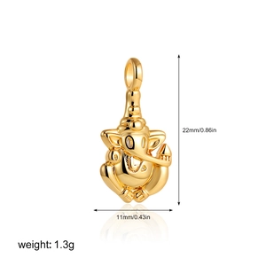 Detail of 18K gold Ganesha pendant showing dimensions 22mm by 11mm and 1.3g weight